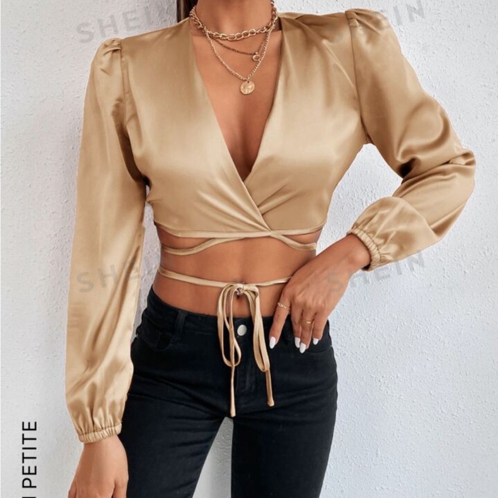 SHEIN PETITE Lantern Sleeve Wrap Knot Front Crop Satin Blouse